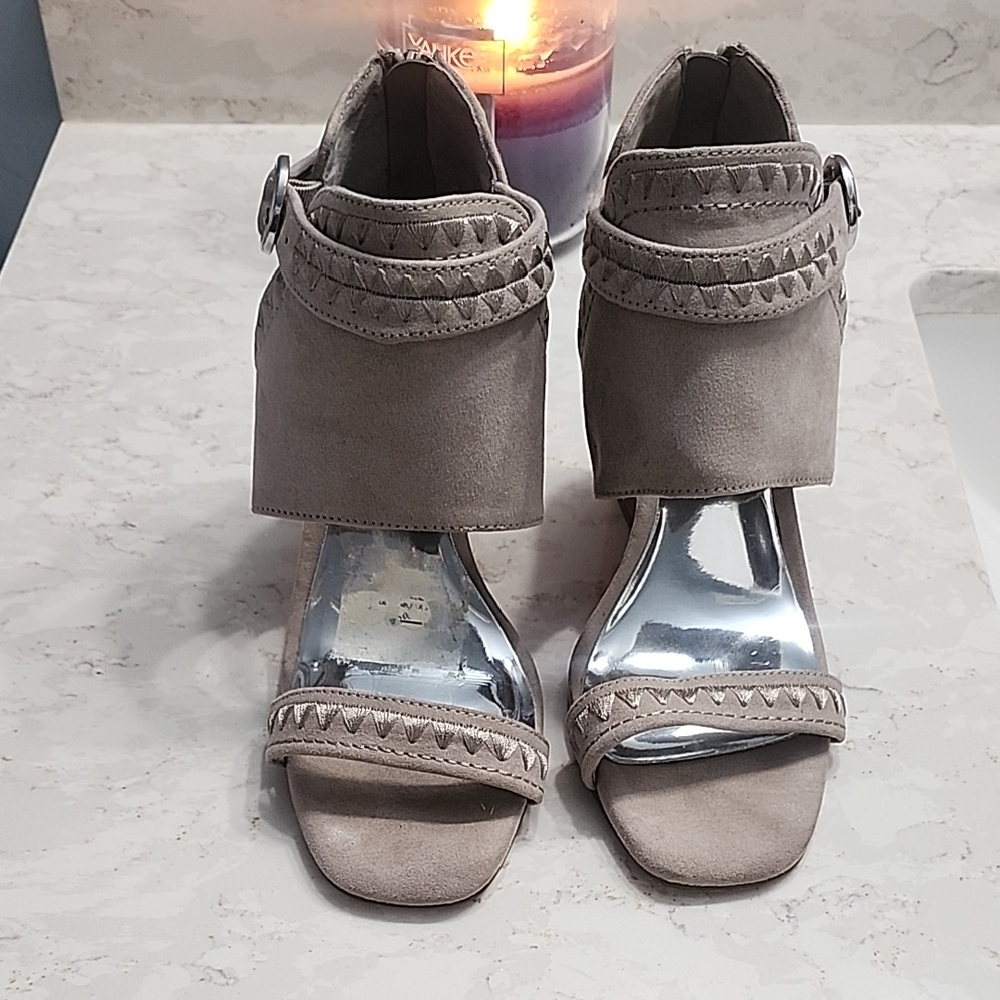 Size 7M Taupe Suede High Heel Sandals with Ankle Cuff. slightly used.